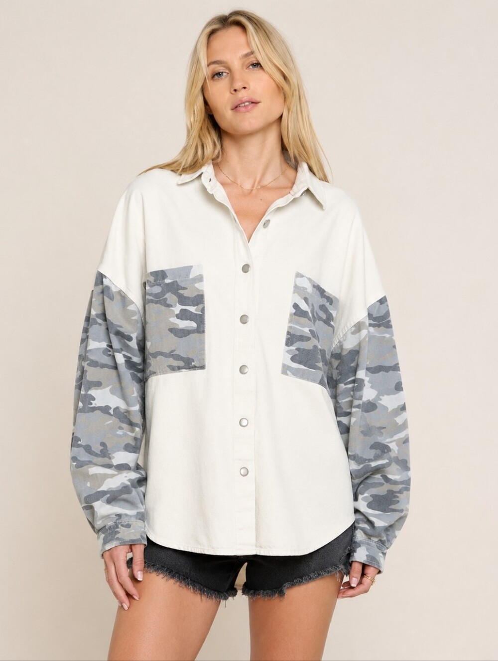 POL Oversized Shacket Camo Colorblock Snap Button Cream Small